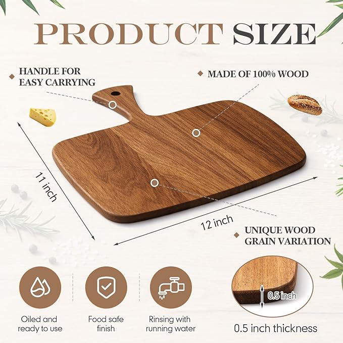Nuenen Wood Cutting Board with Handle 12x11x0.47 Inch Acacia Bamboo Wooden Serving Kitchen Chopping Boards for Pizza, Bread, Cheese, Charcuterie, Fruit, Vegetables(1 Pcs, Acacia) - Image 2