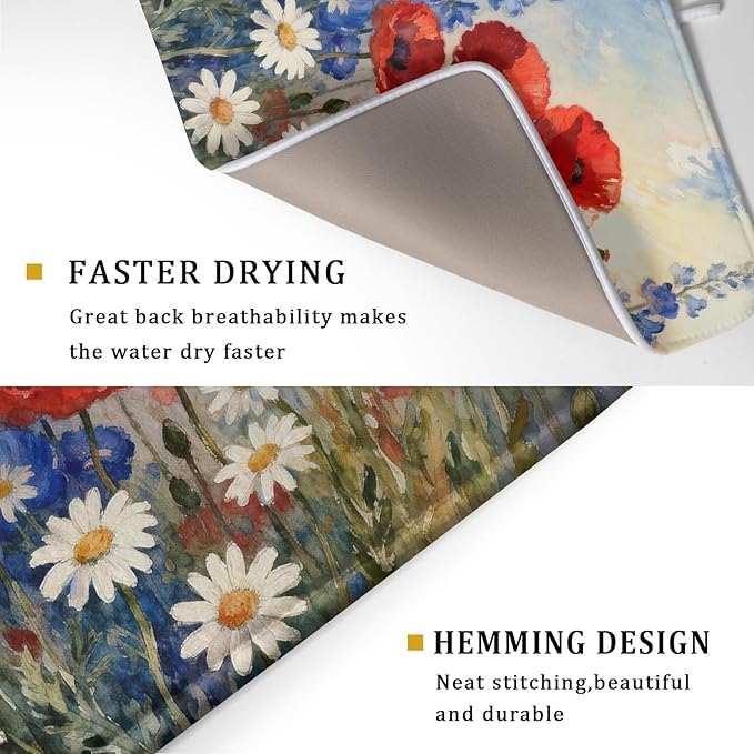 4th of July Dish Drying Mat for Kitchen Counter 18x24 Patriotic Floral Independence Day Memorial Holiday Absorbent Reversible Microfiber Drying Mats Kitchen Countertop Protector Dishes Drainer Pad - Image 3