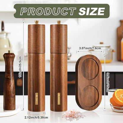 Wooden Salt and Pepper Grinder Set 10 Inch Manual Salt and Pepper Mill with Tray Adjustable Coarseness Refillable Wood Grinders with Gold Bottle Label for Kitchen(Wood Color) - Image 3