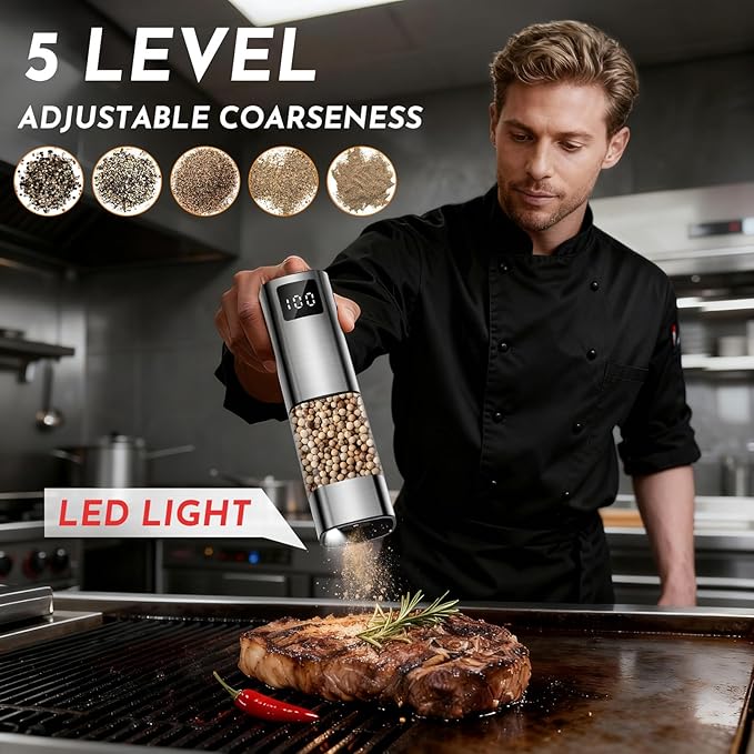 Upgraded Larger Capacity Electric Salt and Pepper Grinder Set Rechargeable with Digital Display, Light & Ceramic Core, Adjustable Coarseness, Stainless Steel Material Sliver 2 Pack - Image 5