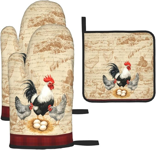Rooster Chichen Oven Mitts and Pot Holders Sets,Cute Hot Pads Baking Gloves,Vintage Kitchen Mitts for Oven,Chichen Gifts & Baking Gifts for Women