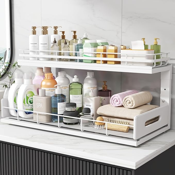 Under Sink Organizer Upgrade To Professional Rails,2-Tier Dual Pull Out Cabinet Storage,Height Adjustable Slide Out Drawers For Bathroom Kitchen,2 Pack-21"Dx12.8"-16.9"H,White - Image 8