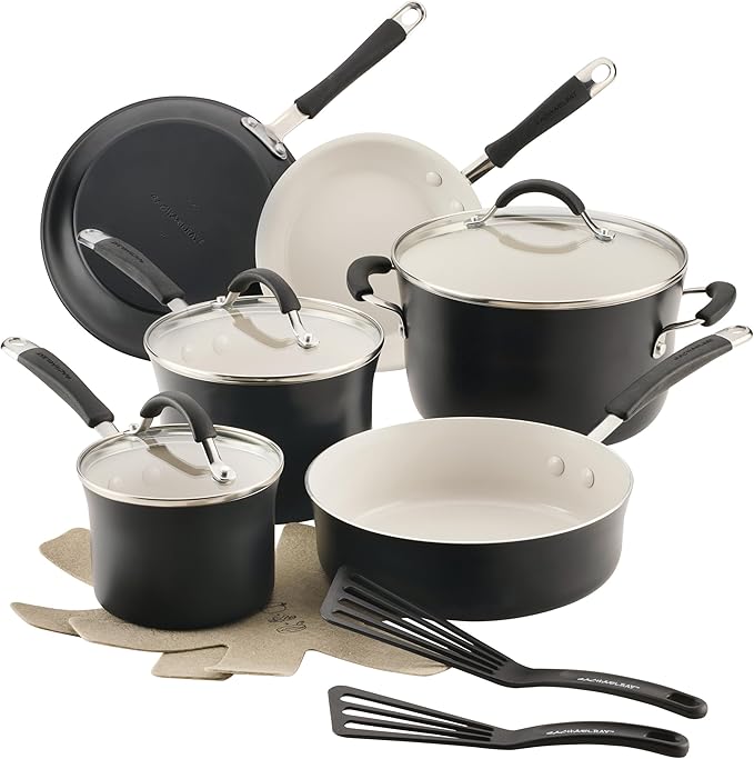 Rachael Ray Cucina Ceramic Cookware Set - 13 Pieces - Ceramic Pots and Pans Set w/Nonstick Frying Pans, Saute Pan, Saucepans, Stockpot, Lids, Pan Protectors & Cooking Utensils - Peppercorn by RachaelRayKitchenware