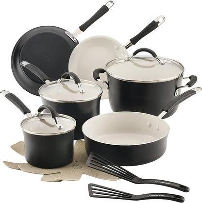 Rachael Ray Cucina Ceramic Cookware Set - 13 Pieces - Ceramic Pots and Pans Set w/Nonstick Frying Pans, Saute Pan, Saucepans, Stockpot, Lids, Pan Protectors & Cooking Utensils - Peppercorn by RachaelRayKitchenware