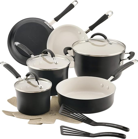 Rachael Ray Cucina Ceramic Cookware Set - 13 Pieces - Ceramic Pots and Pans Set w/Nonstick Frying Pans, Saute Pan, Saucepans, Stockpot, Lids, Pan Protectors & Cooking Utensils - Peppercorn by RachaelRayKitchenware