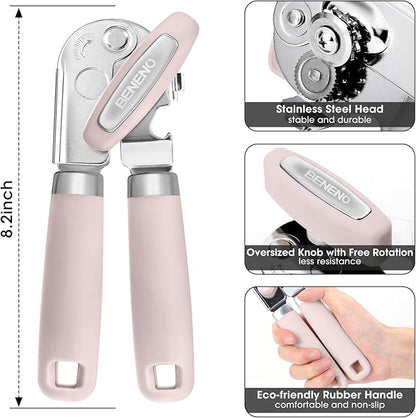 Beneno Heavy Duty Hand Can Opener Manual with Magnet, Durable Sharp Carbon Steel Blade Smooth Cutting, Big Effort-Saving Knob & Soft Grip Handle, Multifunctional Bottle Opener, Light Pink - Image 2