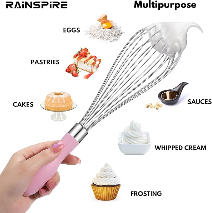 Rainspire 12-Inch Wire Whisk Stainless Steel, Balloon Whisks for Cooking, Wisk Wisking Tool With Soft Silicone Handle, Thick Durable Whisker for Blending, Beating, Whisking, Stirring, Pink - Image 5