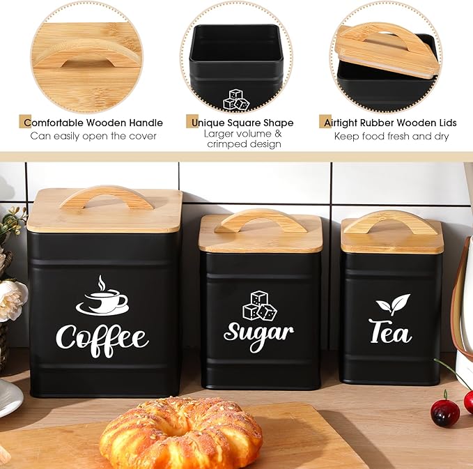 Maxdot 3 Set Coffee Sugar Tea Containers, Square Airtight Kitchen Canisters Storage Ground Organization with Bamboo Lids Rustic Metal Jars for Coffee Bar Beans, Tea Leaves, Food, Countertop(Black) - Image 3
