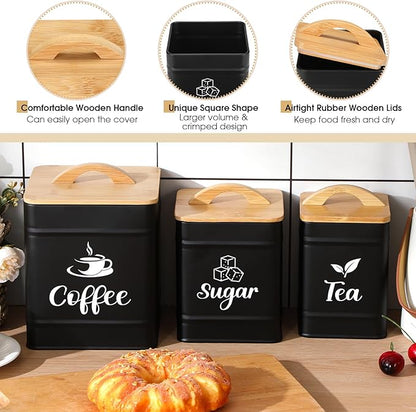 Maxdot 3 Set Coffee Sugar Tea Containers, Square Airtight Kitchen Canisters Storage Ground Organization with Bamboo Lids Rustic Metal Jars for Coffee Bar Beans, Tea Leaves, Food, Countertop(Black) - Image 3