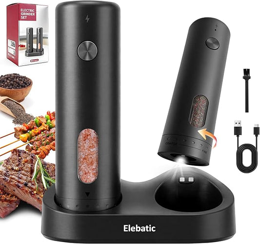 110ml Electric Salt and Pepper Grinder Set, Rechargeable salt and pepper shakers with LED Light, 2-Pack with Charging Base, External 6 Adjustable Coarseness, Holiday Gifts