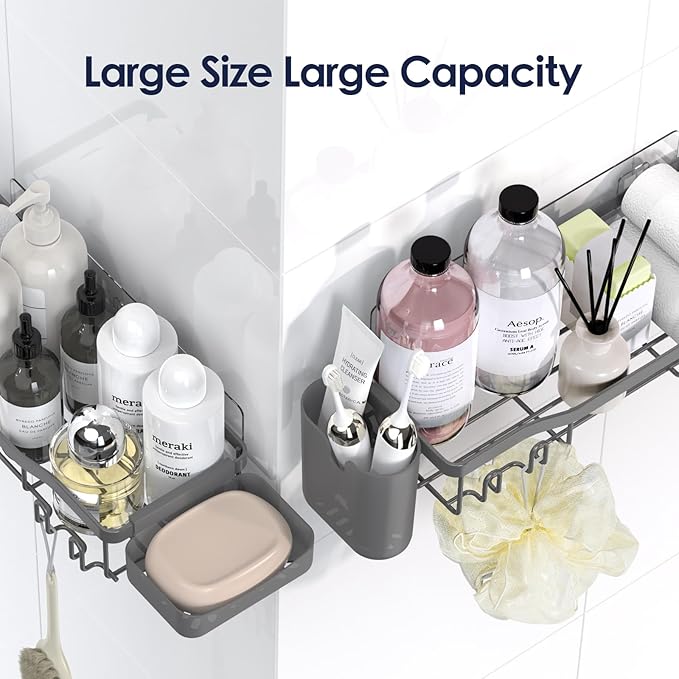NESOMI Shower Caddy Adhesive Shower Organizer 7-Pack, Rustproof Stainless Steel Bathroom Shelves, Large Capacity No-Drill Rack Storage Accessories with Soap Dish Toothbrush Holder Hooks - Image 8