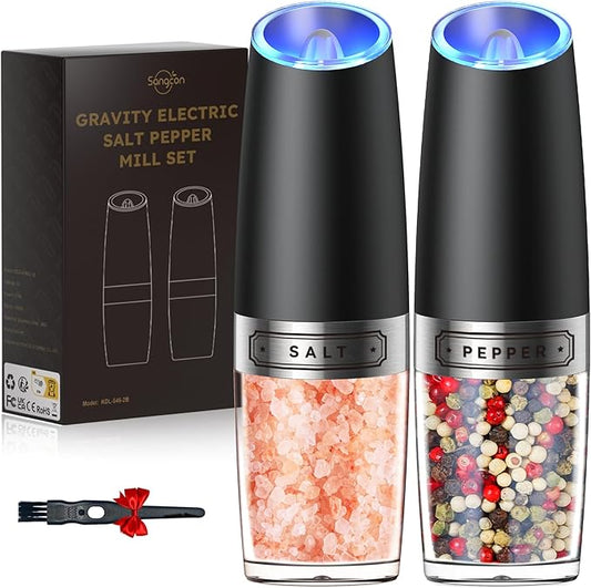 Sangcon Gravity Electric Salt and Pepper Grinder Set Automatic Shakers Mill Grinder with LED Light, BATTERY POWERED Adjustable Coarseness One Hand Operation, Upgraded Larger Capacity by Sangcon