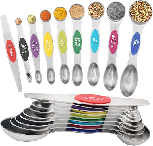 Magnetic Measuring Spoons Set of 9 with Leveler, Color-Coded Dual Sided Stainless Steel Measuring Spoon Set, Stackable Teaspoon and Tablespoon Set for Baking, Cooking, Kitchen Gadgets Dishwasher Safe by Unknown