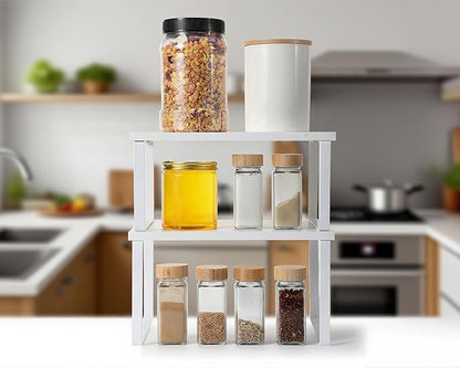 Marsui 4 Pcs Kitchen Organizer Accessories Set Cabinet Organizer Shelf and Bamboo Dish Drying Plate Rack Counter Shelves Storage Holder for Spice Rack, Dish, Pot Lid, Bowl, Cup (White) - Image 6