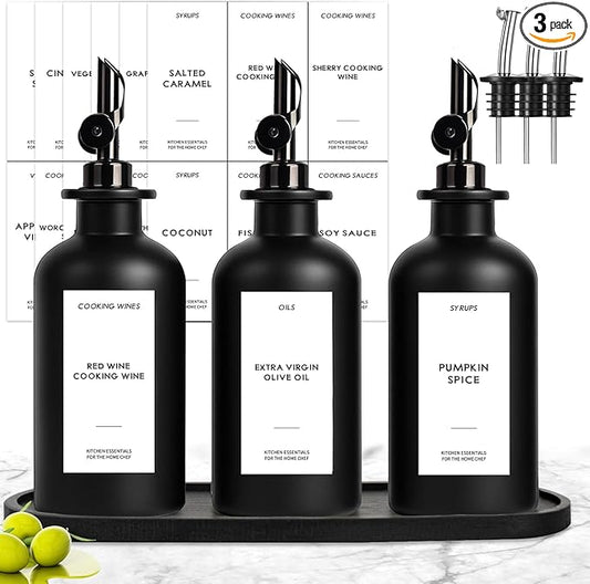 3PCS Olive Oil Dispenser Bottle For Kitchen, Soy Sauce Dispenser, Dark Glass Bottles for Oil and Vinegar Dispenser Set W. Wooden Tray & Labels & 3 Replacement Spouts, Coffee Syrup Dispenser(Black) by GYOSUGANG