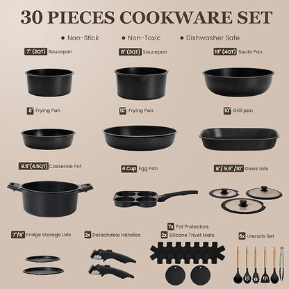 KIKCOIN Pots and Pans Set, 30 Pack Nonstick Cookware Set Detachable Handle, Induction RV Kitchen Cooking Set with Removable Handle, Frying Pans, Casserole - Dishwasher/Oven Safe, PFOA Free - Image 2