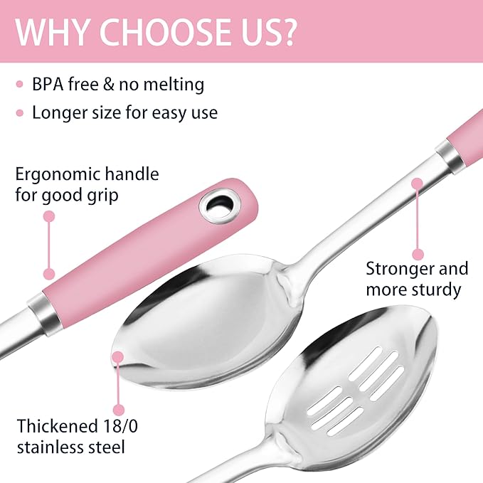 14-in Pink Cooking Spoons Set, Heavy Duty 18/0 Stainless Steel Large Serving Spoons Set, Slotted Spoon, Cooking Spoon & Soup Ladle, Commercial and Residential Use, Pack of 3 - Image 4
