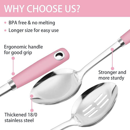 14-in Pink Cooking Spoons Set, Heavy Duty 18/0 Stainless Steel Large Serving Spoons Set, Slotted Spoon, Cooking Spoon & Soup Ladle, Commercial and Residential Use, Pack of 3 - Image 4