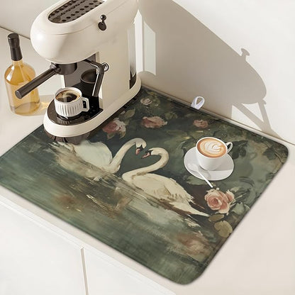 Swans Dish Drying Mat 18x16 Inch, White Swan Drying Mat with Absorbent Reversible Microfiber, Wildlife Aesthetic Dish Drainer Mats Summer Rack Pad for Coffee Countertop Kitchen Protector
