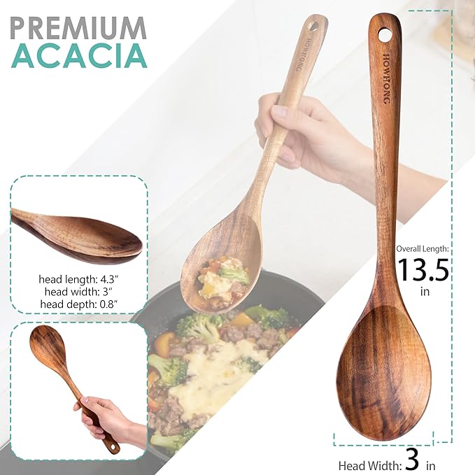 HOWHONG Wooden Cooking Spoon, Long Handle Acacia Wood Spoon for Cooking, Deep Solid Spoon for Soup, Sauce and Stirring, Smooth Finish, Nonstick Cookware Safe, Bare Wood Feel for Daily Kitchen Use