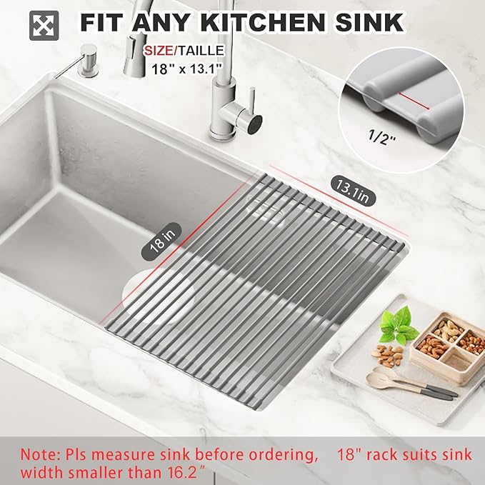 MERRYBOX Roll Up Dish Drying Rack, Silicone Wrapped Over The Sink Dish Rack Foldable Dish Drainer Anti-Slip Dish Racks for Kitchen Counter, Multipurpose Kitchen Sink Drying Rack, 18" x 13", Light Gray - Image 2