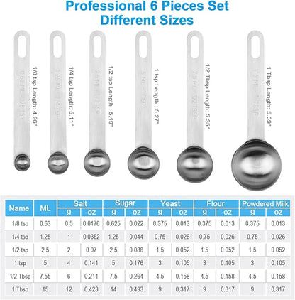 Upgrade Stainless Steel Measuring Spoons Set, Small Tablespoon, Teaspoons, Set 6 with Bonus Leveler, Etched Markings and Removable Clasp for Dry and Liquid, Fits in Spice Jars - Image 2