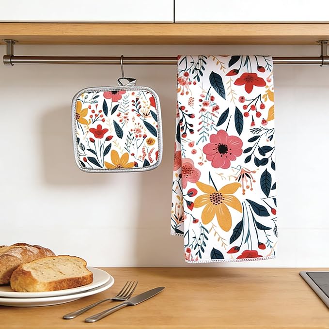 3 Pcs Kitchen Stuff,Wild Floral Kitchen Oven Mitts and Pot Holders Sets with Microfiber Kitchen Towels, Kitchen Accessories,Gifts for Women