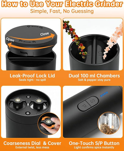 Aotto 2-in-1 Electric Salt and Pepper Grinder Set, USB-C Rechargeable Automatic Mill with LED Light, One-Handed Operation, Adjustable Coarseness