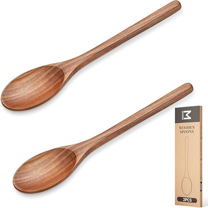 2Pcs Wooden Cooking Spoons, Wood Serving Spoons for Nonstick Cookware, Natural Acacia Wooden Mixing Spoons for Stirring Tasting Baking, Heat Resistant Durable Wooden Kitchen Utensils
