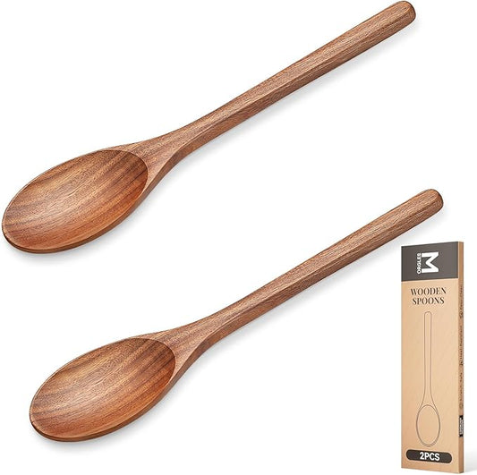 2Pcs Wooden Cooking Spoons, Wood Serving Spoons for Nonstick Cookware, Natural Acacia Wooden Mixing Spoons for Stirring Tasting Baking, Heat Resistant Durable Wooden Kitchen Utensils
