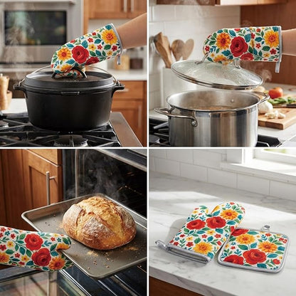 Floral Oven Mitts and Pot Holders Sets 2 Pcs, Canvas Heat Resistant Kitchen Mittens with Hot Pads, Vintage Farmhouse Country Decor, Non-Slip Cooking Baking Grilling Gifts for Women Mom (Flower1)