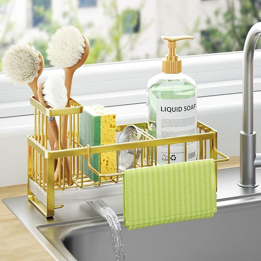 HapiRm Sponge Holder for Kitchen Sink - Self-draining Sink Caddy with Brush Holder and Dishcloth Holder, Stainless Steel Kitchen Organizer for Countertop - Gold by HapiRm