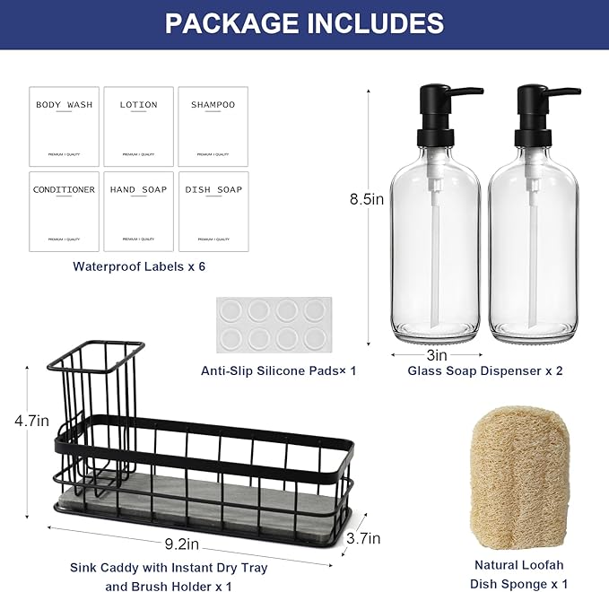 Dish Soap Dispenser for Kitchen, 16.9 fl oz Clear Hand and Dish Soap Dispensers, Kitchen Soap Dispenser Set with Sponge Holder, Brush Holder and Loofah Sponge, Countertop Sink Organizer Accessories - Image 2