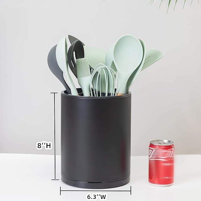 LIBODOUR Kitchen Utensil Holder Extra Large 360°Rotating For Counter Organizer Stainless Steel Storage Cooking Silverware Caddy 3 Compartment Flatware Spoon Spatula Tool Cutlery Container（Black） - Image 4