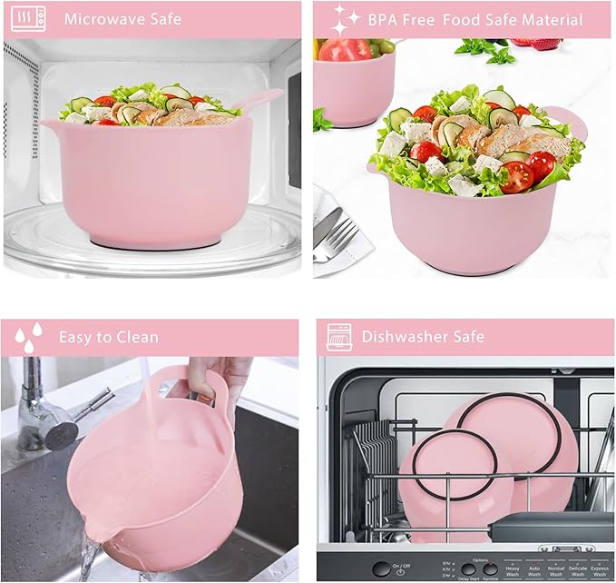 BoxedHome 4 Pack Nesting Mixing Bowl with Pour Spout and Handle, BPA free Microwave & Dishwasher Safe(Pink, 4 Pack with Handle) - Image 6