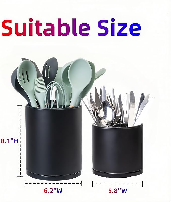 LIBODOUR Kitchen Utensil Holder Extra Large Rotating For Counter Organizer Stainless Steel Storage Cooking Silverware Caddy 3 Compartment Flatware Spoon Spatula Tool Cutlery Container（2 Set Black） - Image 4