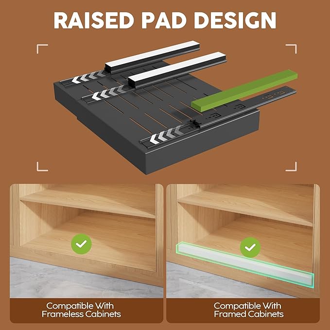 Seinloes 2Pack Expandable Pull Out Cabinet Organizer 21"Deep with Raising Pad for Framed Cabinets, Upgrade 3 Slide Rails Slide Out Drawers, Roll Out Shelves Adhesive,Adjustable Width 12.05"-20.4"Black - Image 3