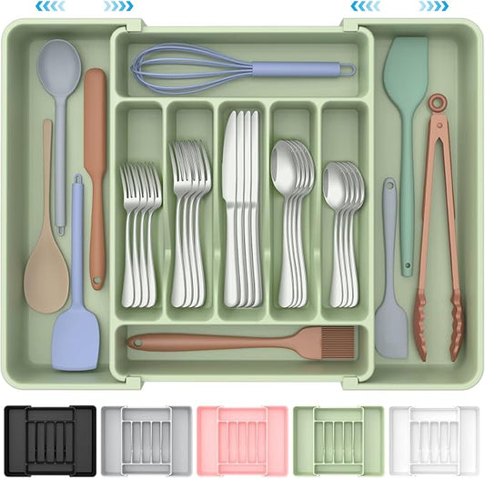 ukeetap Extra Large Expandable Silverware Organizer, BPA-Free Food-Safe Cutlery Flatware Organizer, Kitchen Utensil Drawer Organizer, Adjustable Silverware Holder for Spoons Forks Knives, Green by ukeetap