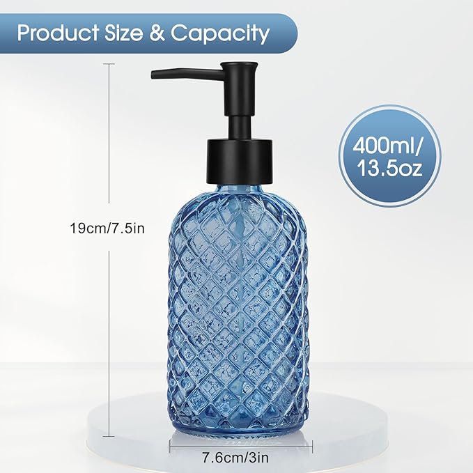 Topsky Gem Glass Soap Dispenser with Black Plastic Pump, 13oz Liquid Hand Soap Dispenser, Rustproof Pump for Kitchen & Bathroom, Great for Lotions, Essential Oil, Liquid Soaps-Blue - Image 4