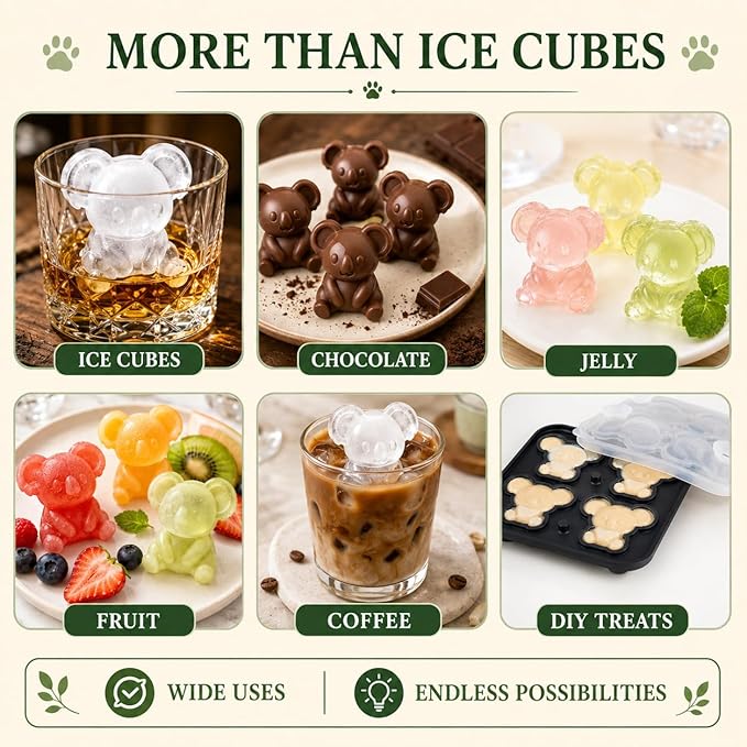 Koala Ice Cube Tray Mold - 3D Koala Shape Ice Cube Trays, Cute Ice Cube Molds for Whiskey Bourbon, 4-Hole Large Fun Shapes Ice Cube Trays, Funny Koala Gifts for Koala Animal Lovers Women Men
