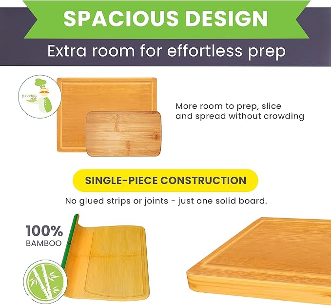 Bamboo Cutting Board – 15 Inch Wood Cutting Boards for Kitchen with Glue-Free Surface™ & Juice Groove – Non-Toxic, FSC-Certified, Durable Wooden Chopping Board - Rectangle - Image 3