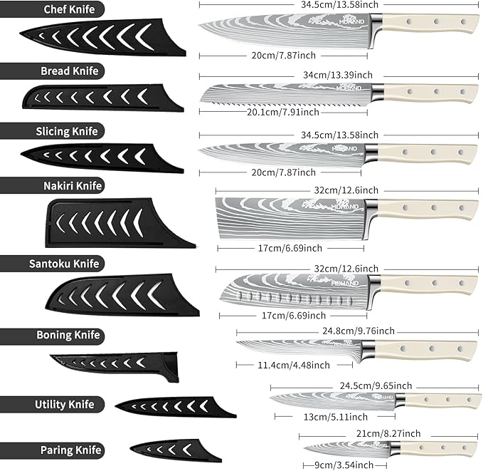 MDHAND Chef Knife Set with Roll Bag, 9PCS Professional Knife Set with Sharpener, High Carbon Stainless Steel Japanese Kitchen Knife Set - Forged Triple Rivet Handle, Dishwasher Safe, Chef Gifts, White
