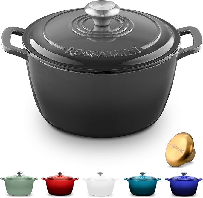 ROSSALLINI Signature Enameled Cast Iron Dutch Oven, Non-Stick Serving Pot with Tight Fitting Lid for Perfect Roasting, Baking, Sauteing, and Bread Making | 4.5Q (4.2L) - Oyster Grey