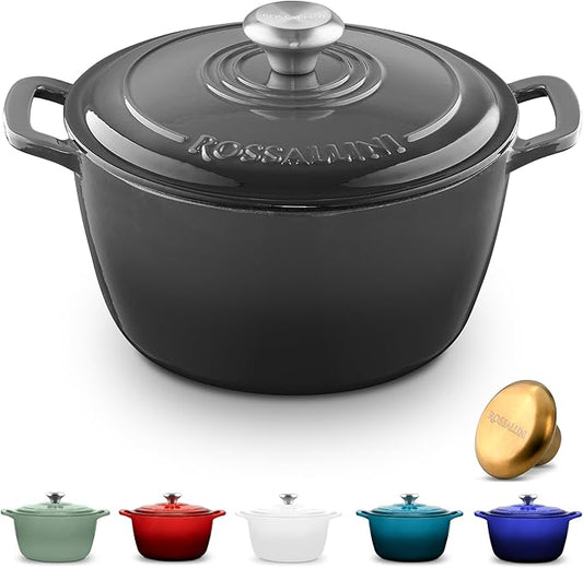 ROSSALLINI Signature Enameled Cast Iron Dutch Oven, Non-Stick Serving Pot with Tight Fitting Lid for Perfect Roasting, Baking, Sauteing, and Bread Making | 3.5Q (3.3L) - Oyster Grey