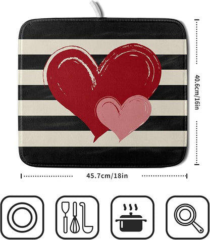 Valentines Day Dish Drying Mat for Kitchen Counter 16x18 Inch Red Pink Love Heart Black Striped Print Absorbent Reversible Microfiber Drying Mats Kitchen Countertop Protector Dishes Drainer Rack Pad - Image 2