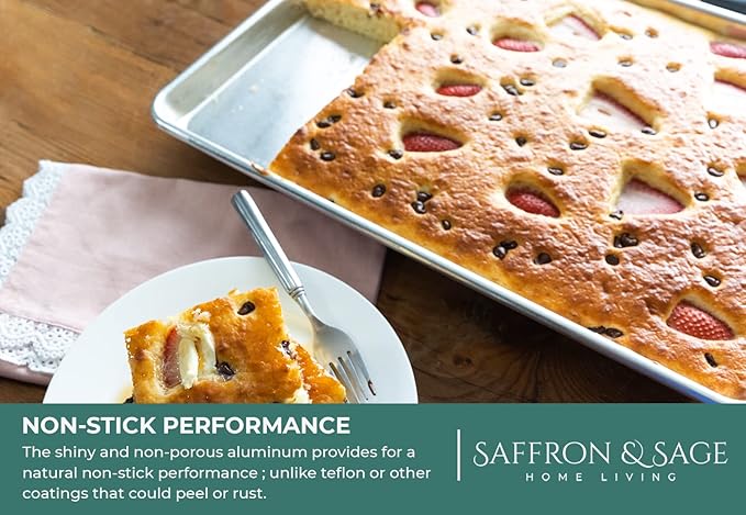 Commercial Quality Cookie Sheet Pan - 2 Pack Aluminum Half Sheet Baking Pan by Saffron & Sage Home Living - This 18x13 Baking Sheet Set is Rust & Warp Resistant, Heavy Duty, of Thick Gauge - Image 3
