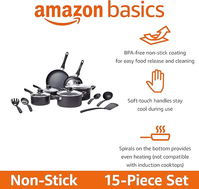Amazon Basics Ceramic Non-Stick Cookware 15-Piece Set, Pots, Pans and Utensils, Black - Image 2