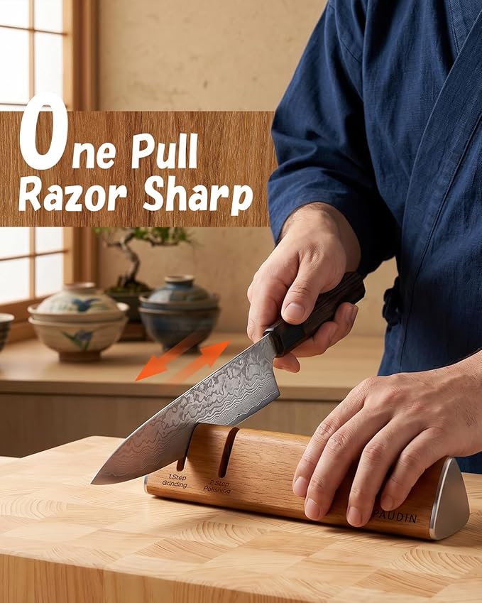 PAUDIN Walnut Knife Sharpener – 2-Stage Sharpening for Dull Knives, Safe for High-Carbon Steel Blades, Easy to Use – No Water, No Mess, One-Pull Sharpening, Kitchen Sharpener for Knives and Scissors