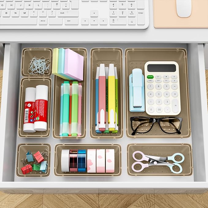 ElegantArray 12 PCS Drawer Organizer Set, 4 Sizes Tool Storage Trays, Clear Plastic Makeup Vanity Organizer and Storage Bins for Stationeries, Multiple Gadgets for Office, Bedroom, Champagne - Image 6