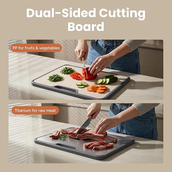 SMIRLY Titanium Cutting Board for Kitchen, Double Sided Chopping Board Set with Holder, 100% Pure Titanium, Dishwasher Safe, 3 Pack - Image 4